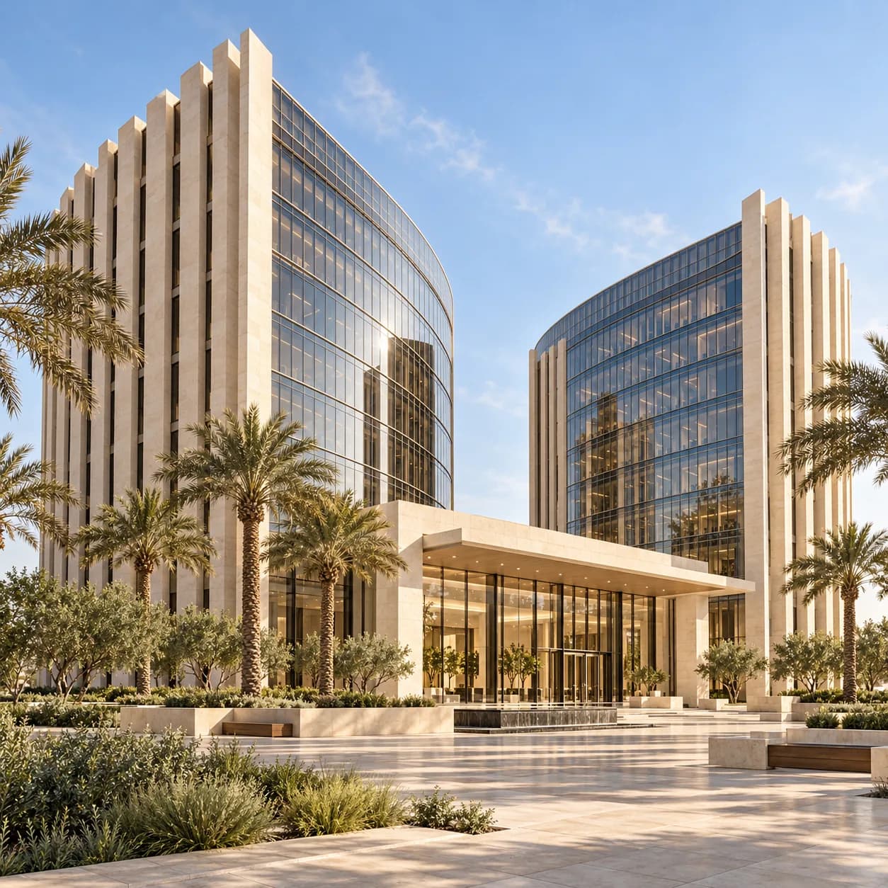 Twin glass office towers with a landscaped forecourt