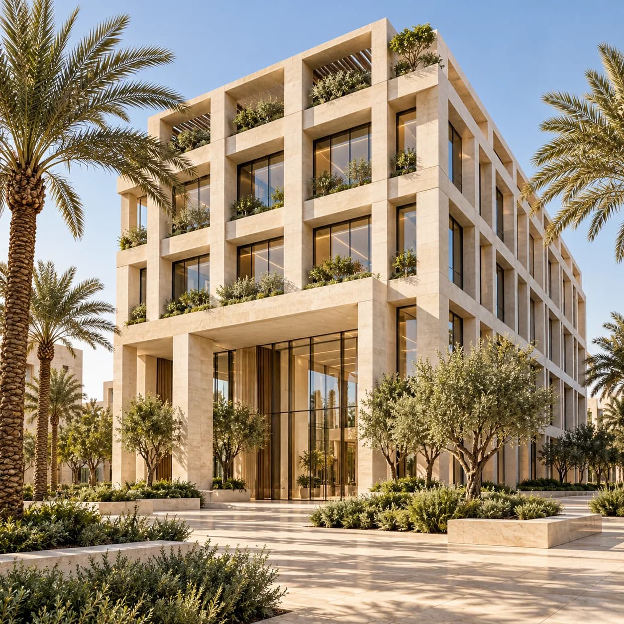Office building with a stone grid facade and planters