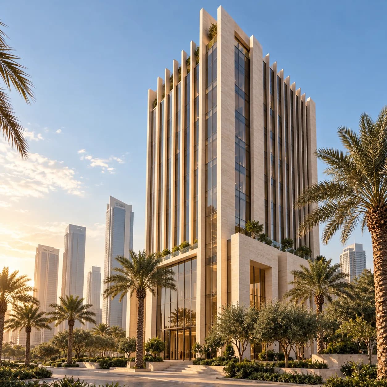 Commercial office tower with stone fins