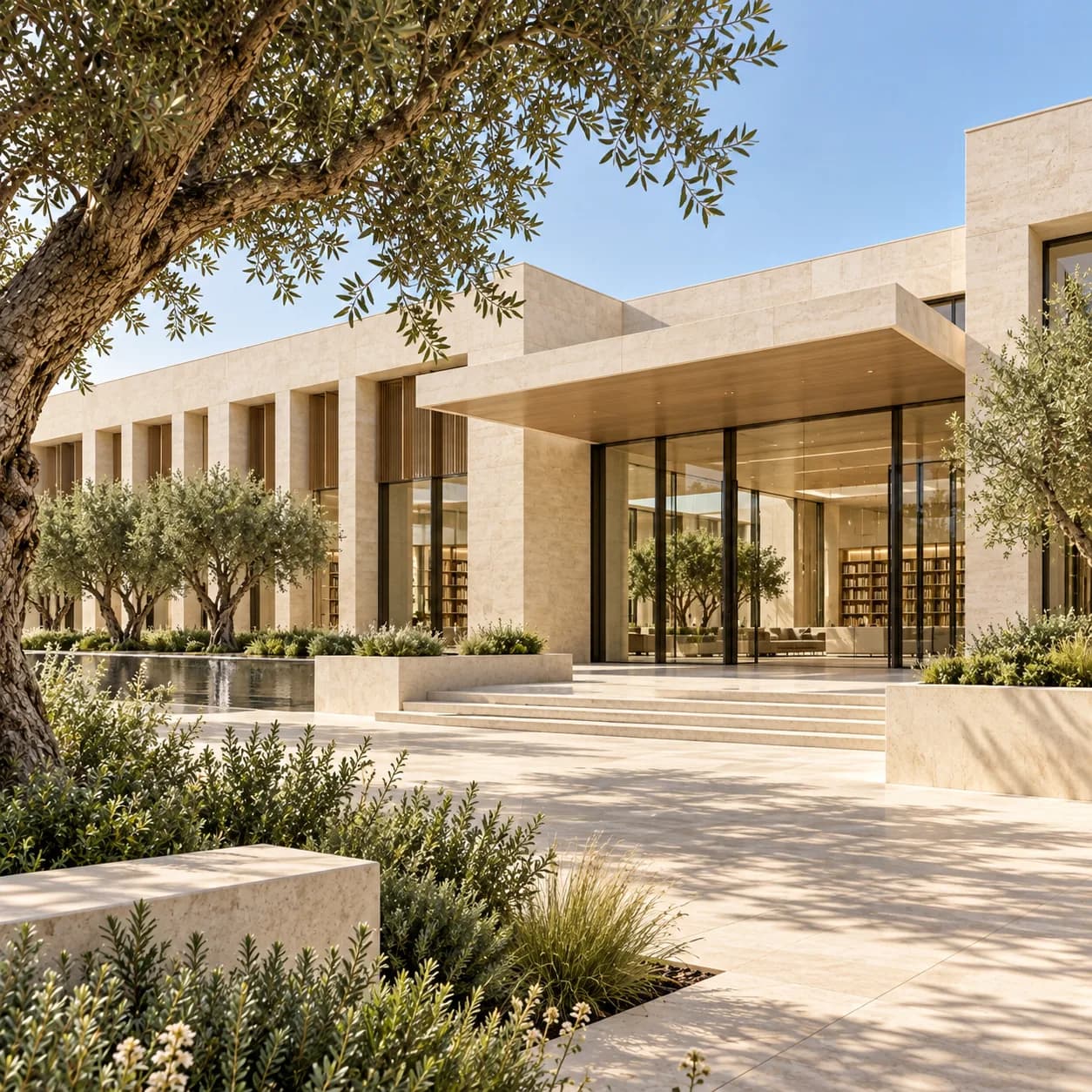 Stone library building with a glazed reading hall