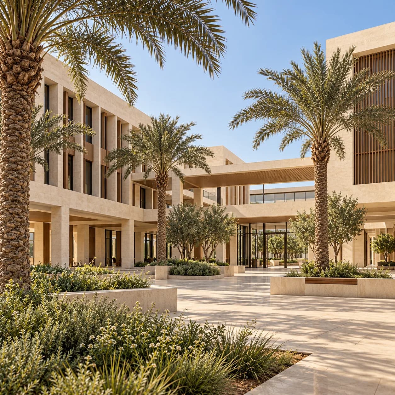 Healthcare campus courtyard with date palms