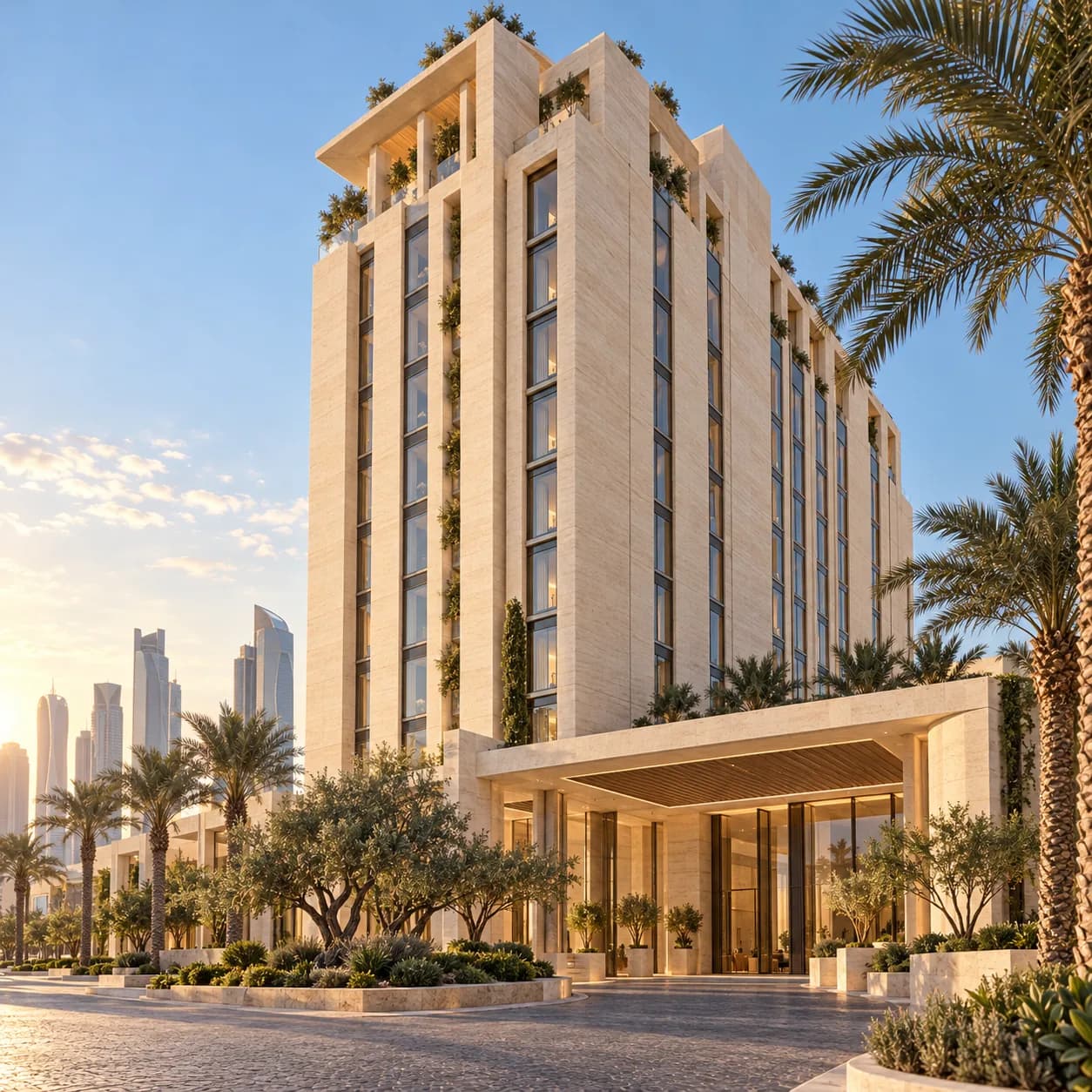 Hotel tower with a stone porte-cochère