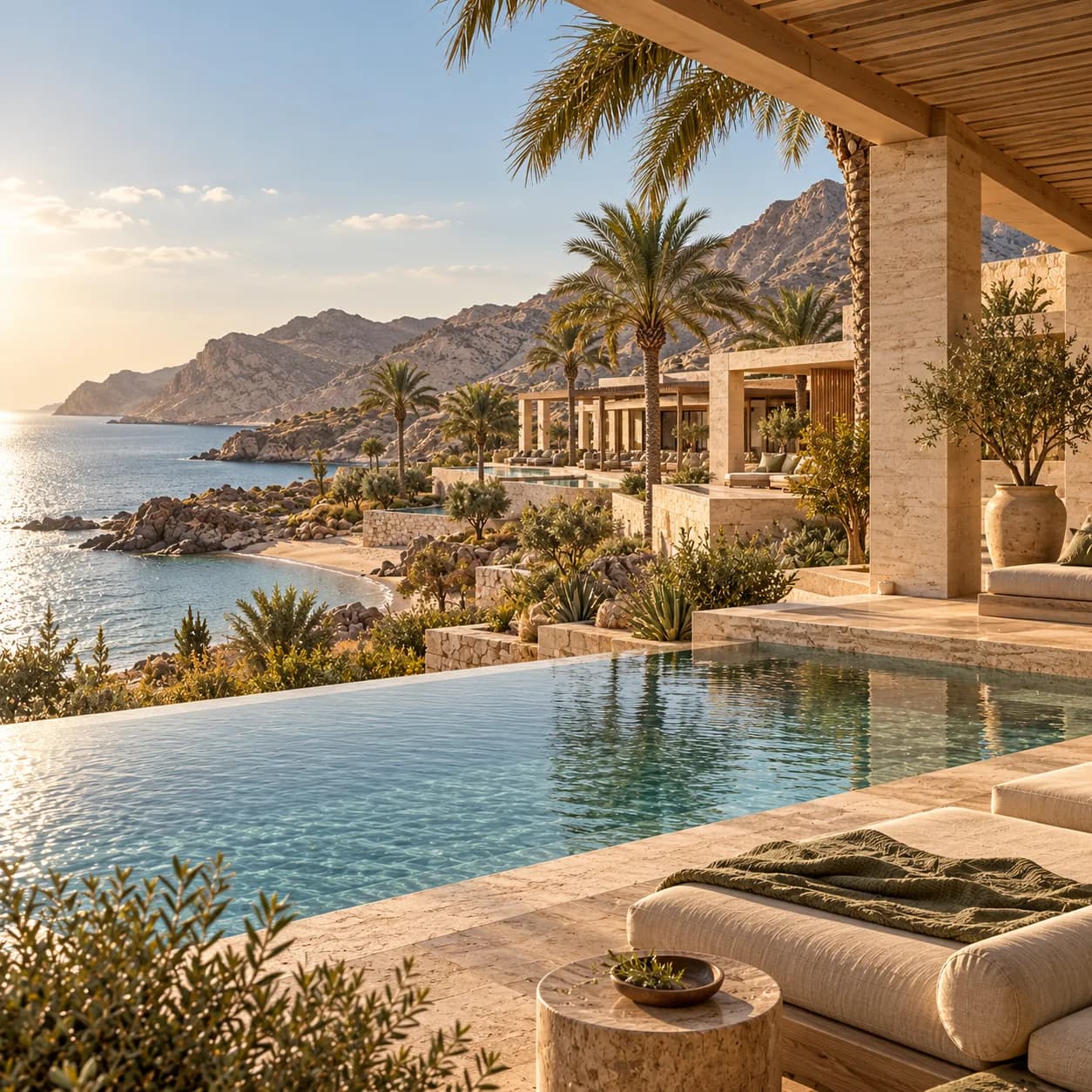 Coastal resort terrace with infinity pool and sea view