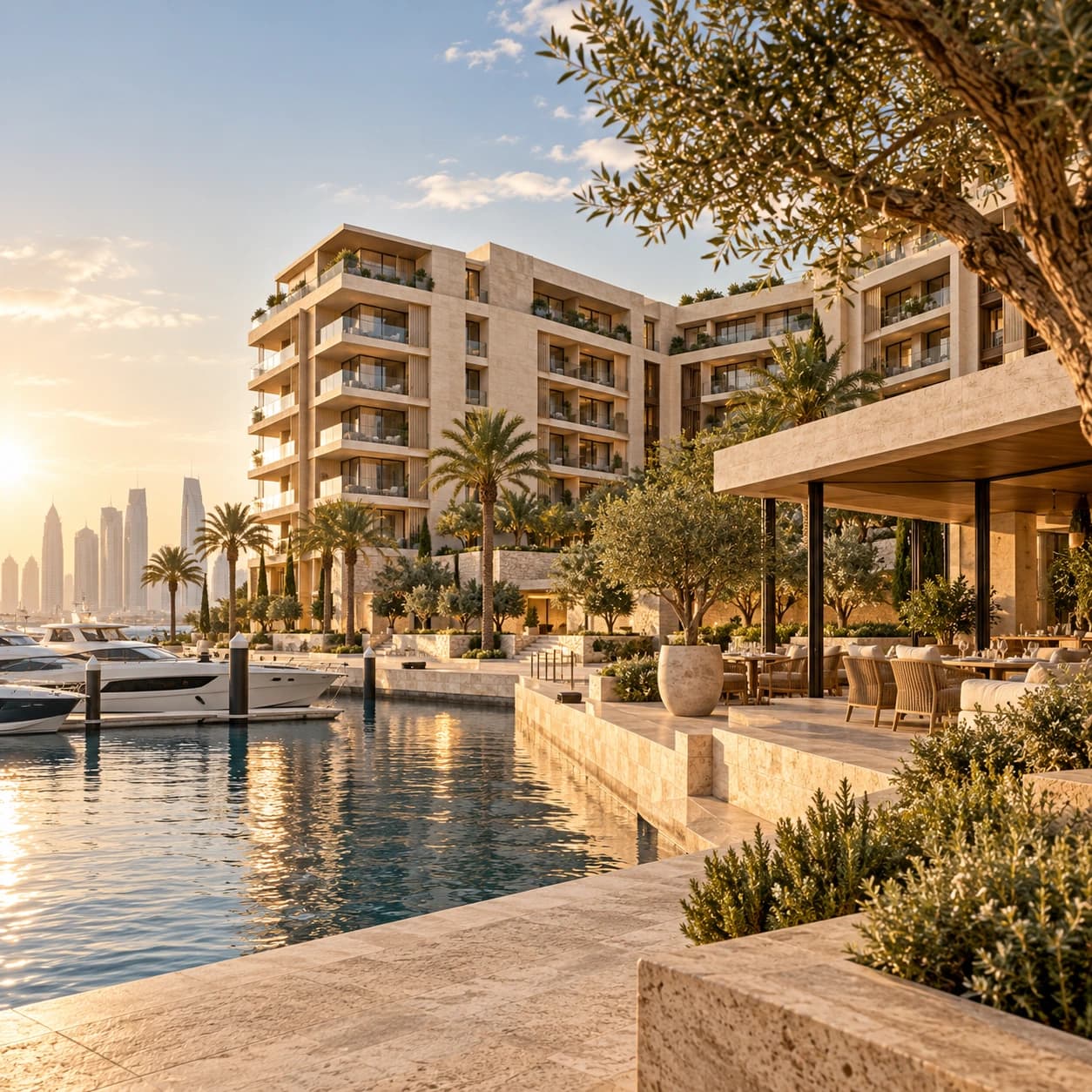 Marina residences with yachts, palm trees and a waterfront restaurant at golden hour