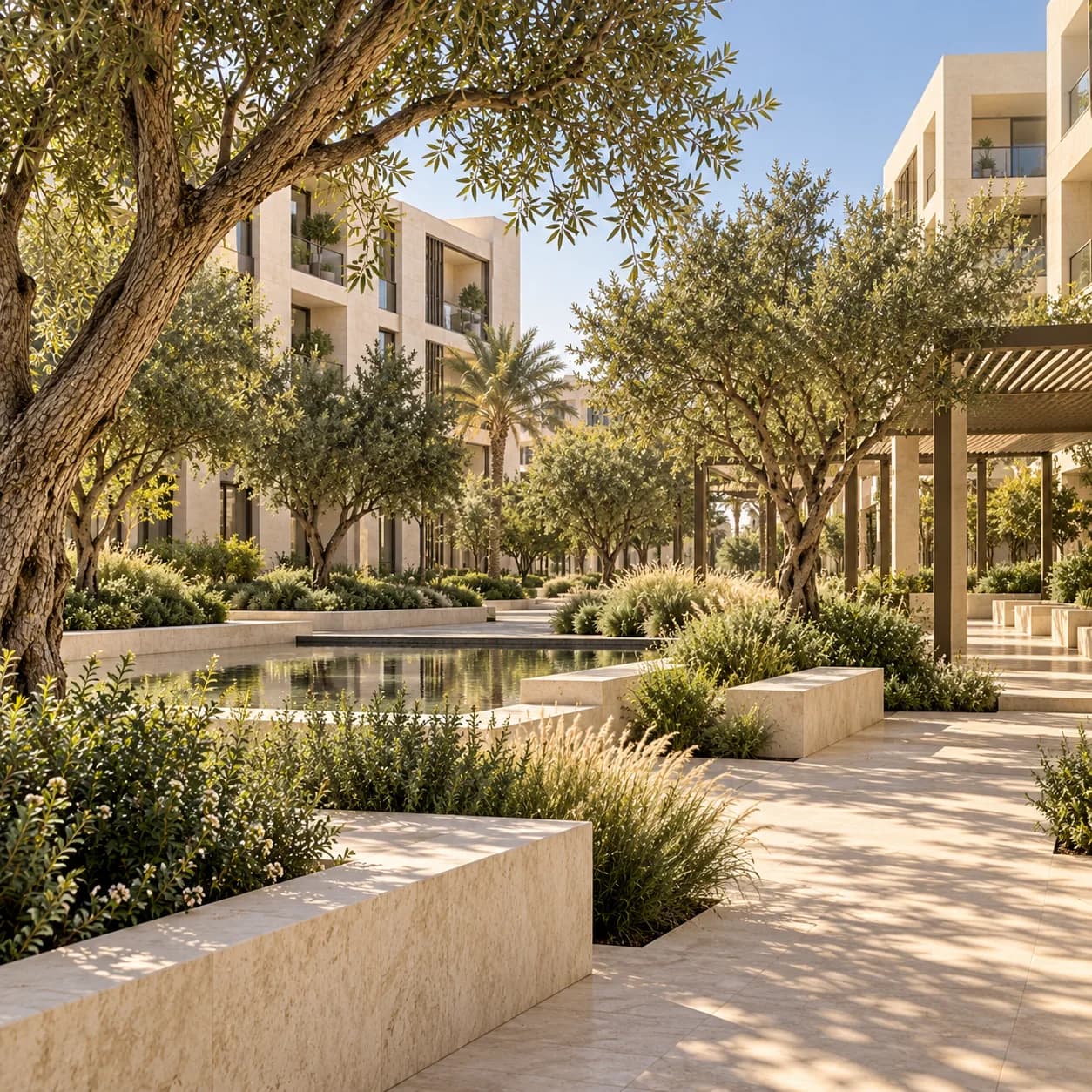 Residential courtyard with a reflecting pool and olive trees