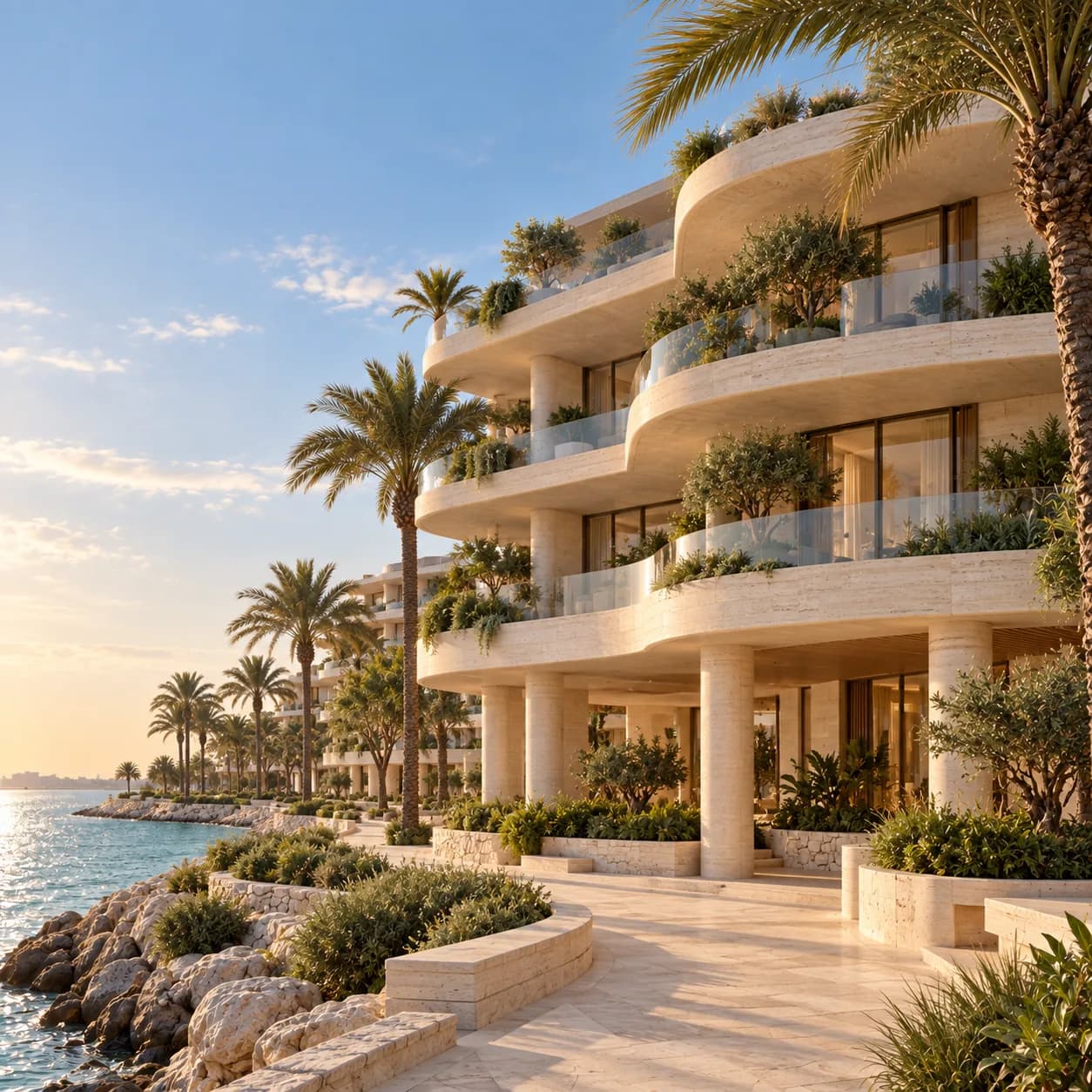 Curved coastal residential building above the sea