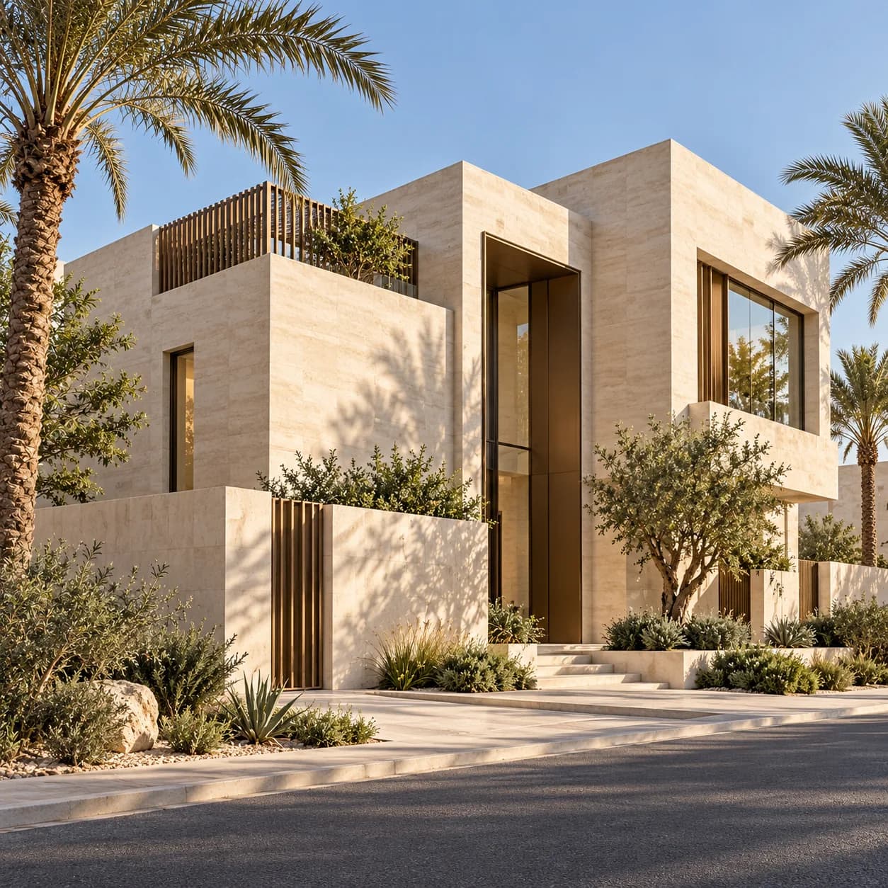 Contemporary stone villa with palm trees