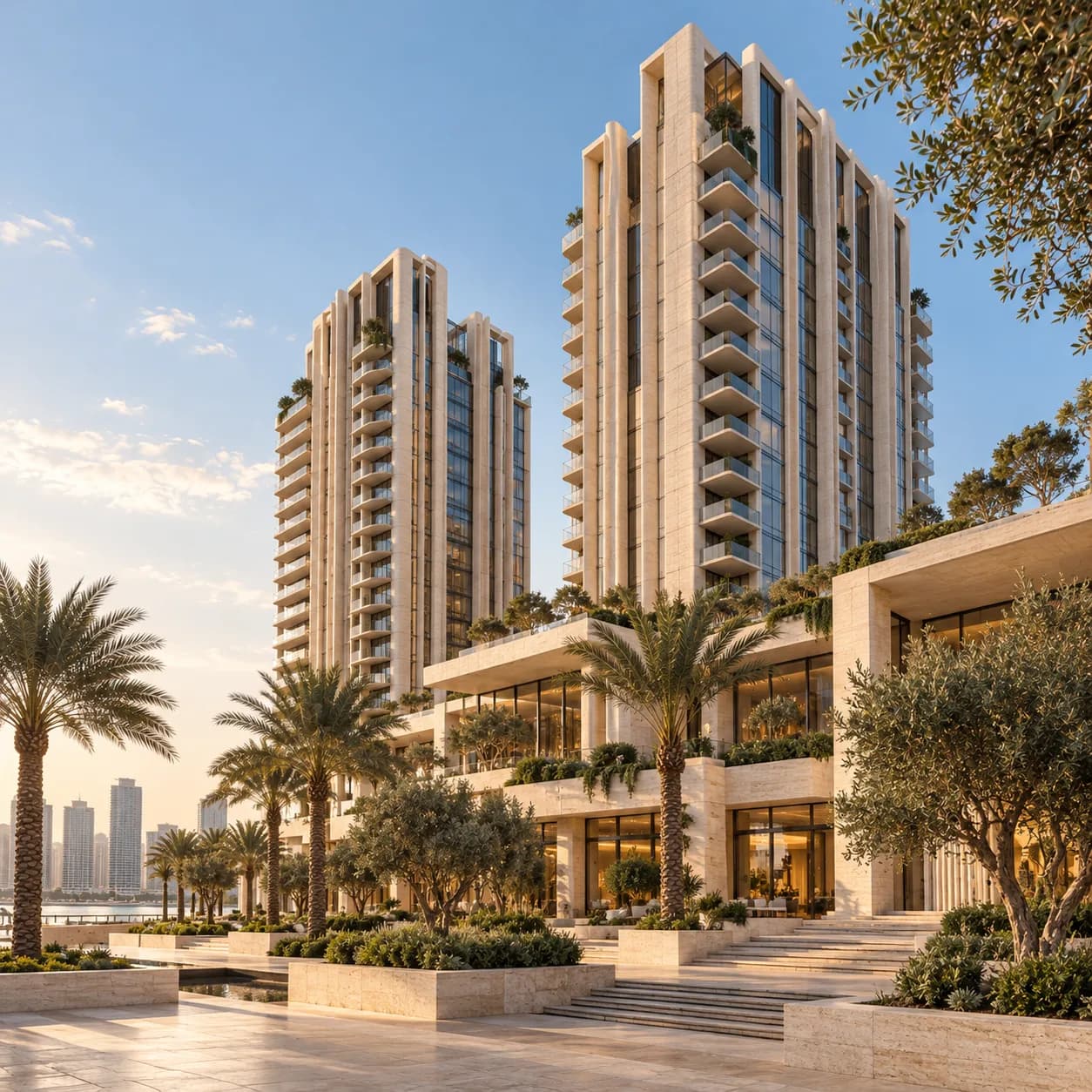 Twin residential towers with a podium by the water