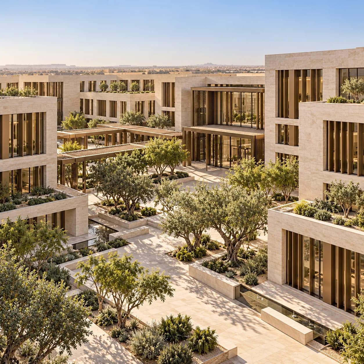 Office campus with landscaped courtyards, aerial view