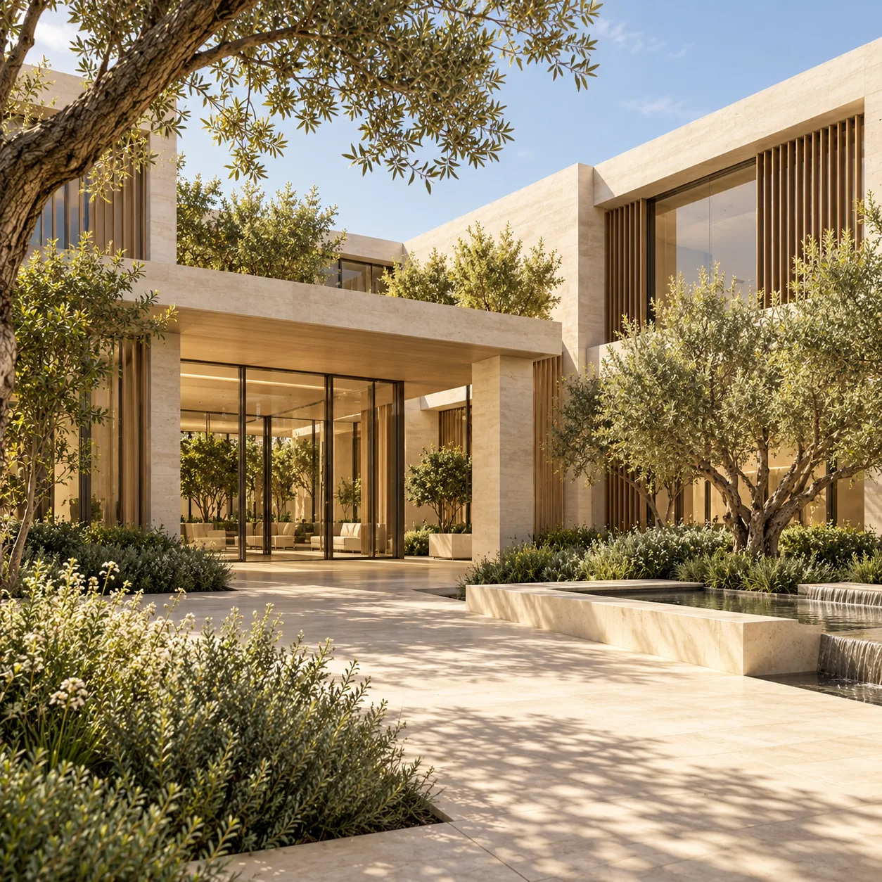 Stone-clad office pavilion entrance with olive trees