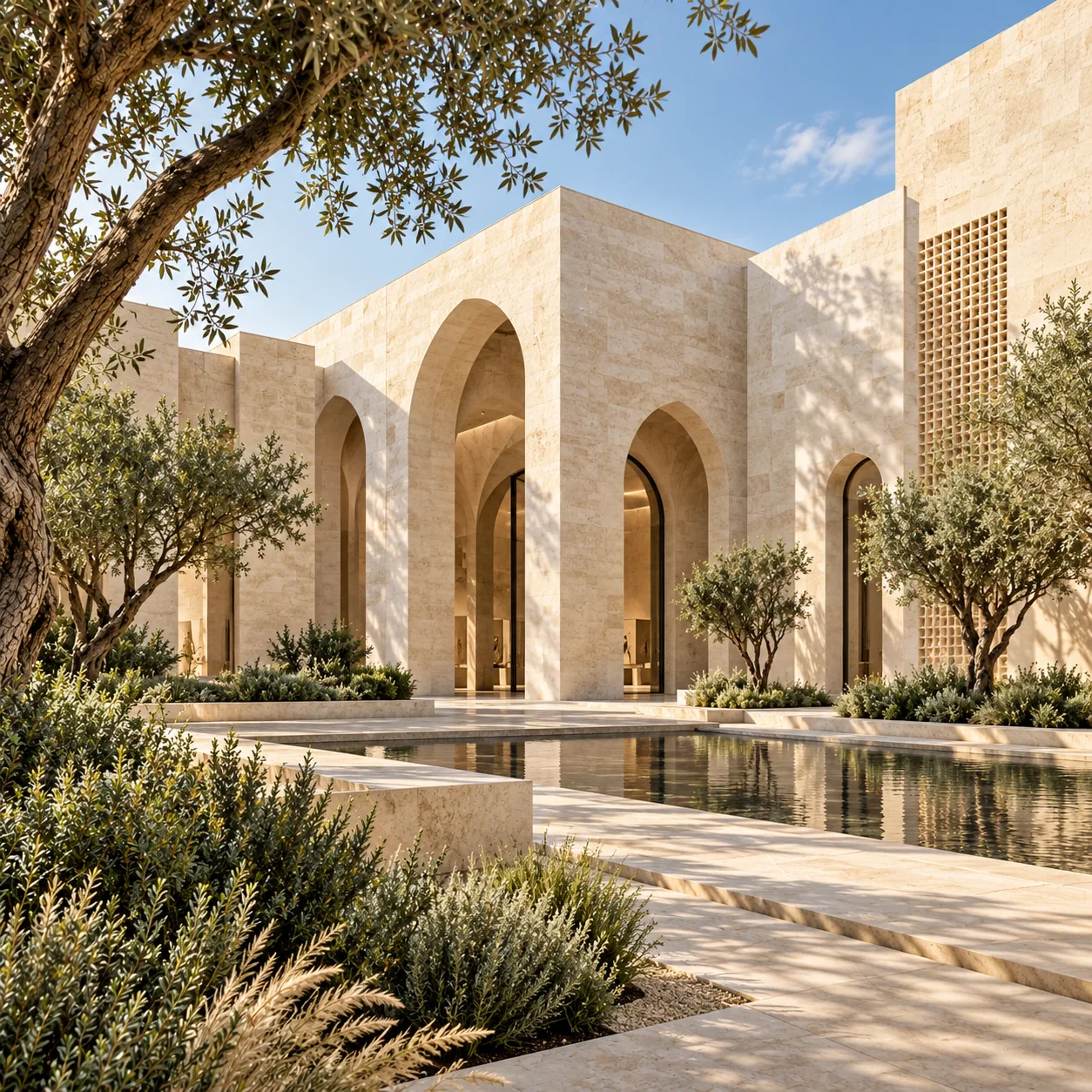 Museum with tall stone arches and a reflecting pool
