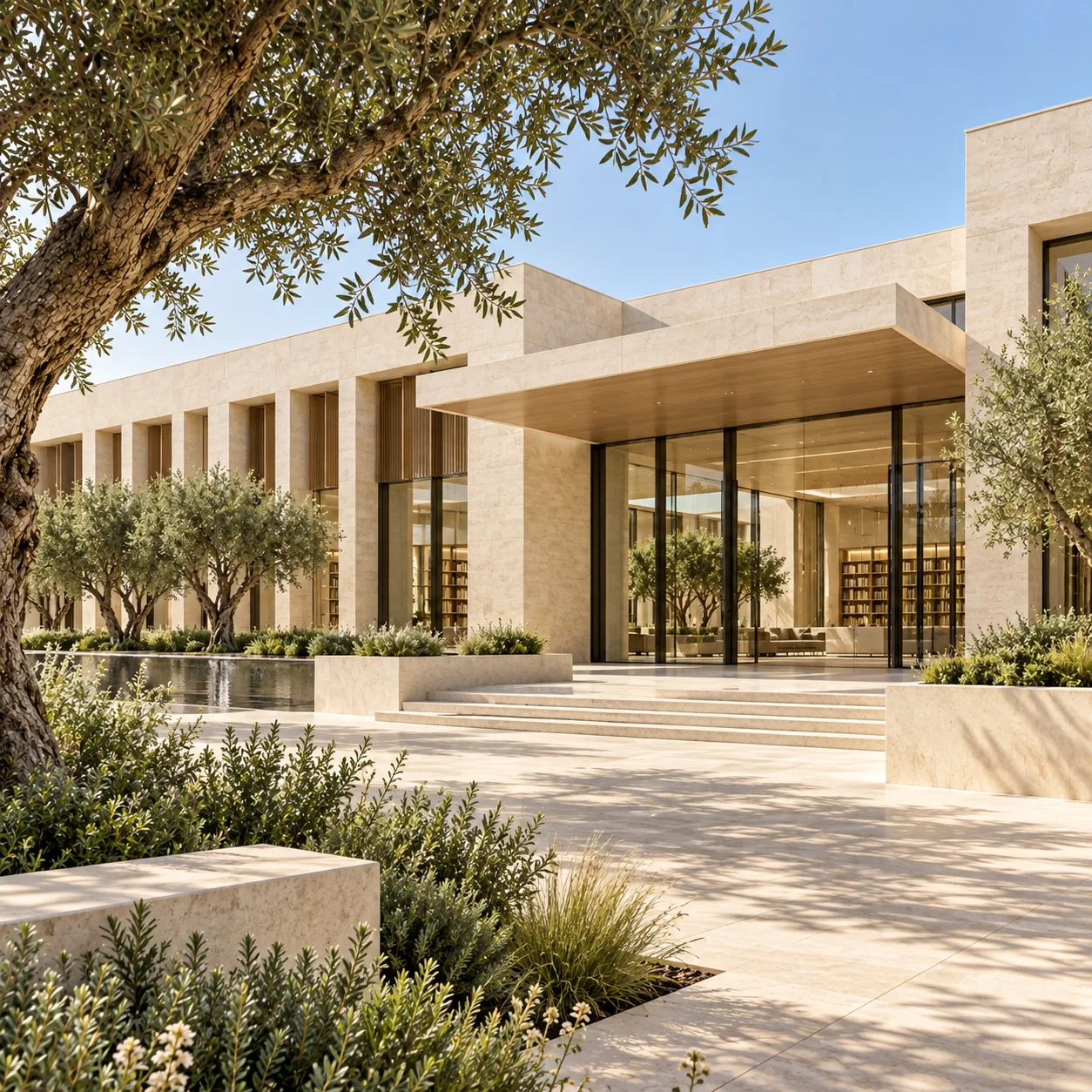 Stone library building with a glazed reading hall